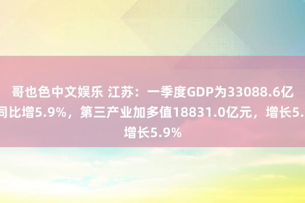   哥也色中文娱乐 江苏：一季度GDP为33088.6亿，同比增5.9%，第三产业加多值18831.0亿元，增长5.9%
